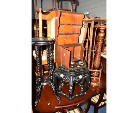 AN ORIENTAL BLACK LACQUERED HEXAGONAL OCCASIONAL TABLE, together with a marble topped bamboo plant stand, two other torchere 