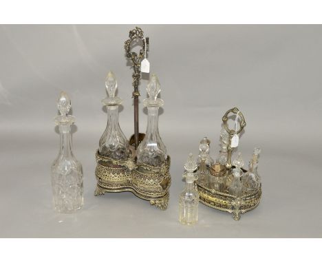 A LATE VICTORIAN MAPPIN SILVER PLATED THREE BOTTLE DECANTER STAND, with a set of three clear glass decanters and stoppers, s.