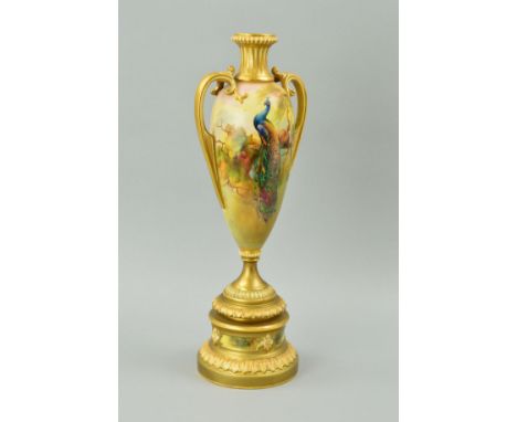 A ROYAL WORCESTER TWIN HANDLED VASE, hand painted Peacock and Hen, signed Sedgley, gilt decorated rococo handles, green backs