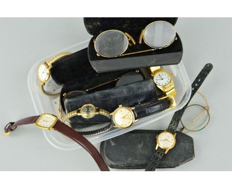 A BOX OF MIXED WATCHES including Timex, Rotary etc (7) and four Edwardian spectacles