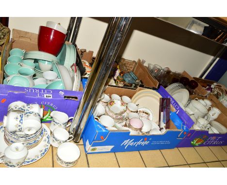 SIX BOXES OF CERAMICS AND GLASSWARE, mostly tea, dinner and kitchen ware, including Paragon Coniston pattern and Poole (six b
