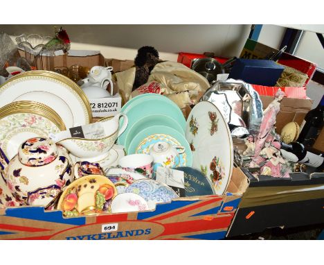 FIVE BOXES AND LOOSE CERAMICS AND SUNDRY ITEMS to include, Royal Worcester, Masons, Royal Doulton, Aynsley and Poole, Meyers 