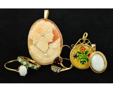 SIX ITEMS OF GOLD JEWELLERY AND A SILVER COIN PENDANT to include an oval cameo brooch/pendant set with a diamond and a seed p