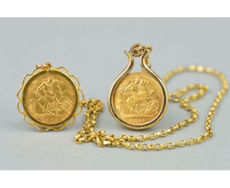 TWO SOVEREIGN PENDANTS AND A CHAIN, the first a half sovereign dated 1908 to the plain 9ct gold mount suspended from a facete