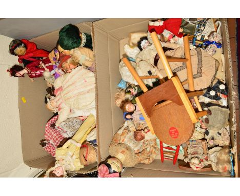 A COLLECTION OF SMALLER DOLLS AND ACCESSORIES, to include distressed Armand Marseille baby doll, assorted costume and souveni