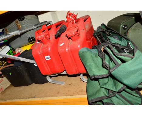 A HI GEAR PORTABLE STOVE, two red steel fuel cans, two camping seats and a Abru ladder stand off (6)