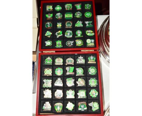 A BOXED SET OF CELTIC FC VICTORY PIN COLLECTION OF BADGES, fifty six in total, produced by Danbury Mint
