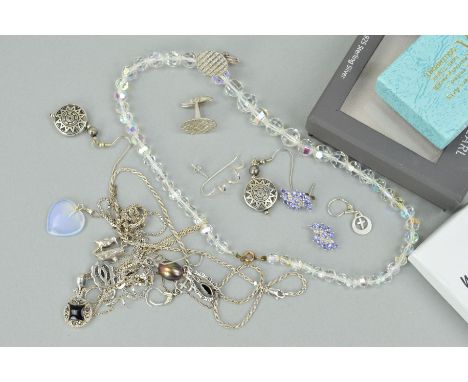 TWELVE ITEMS OF MAINLY SILVER AND WHITE METAL JEWELLERY to include a pair of spiral earrings, a dyed Kyoto pearl pendant, thr