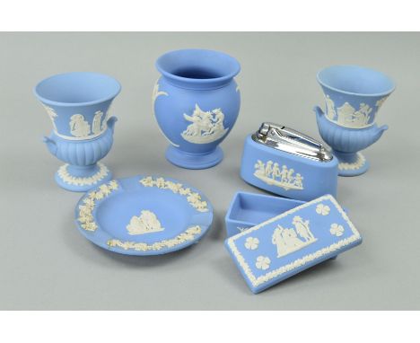 SIX WEDGWOOD BLUE JASPERWARE ITEMS to include table lighter, ashtray etc (6)