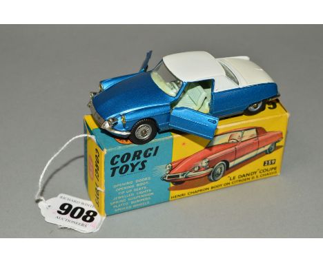 A BOXED CORGI TOYS CITROEN 'LE DANDY' COUPE, No.259, version with metallic blue body white roof and boot, very lightly playwo