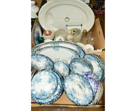 TWO BOXES OF MIXED CERAMICS AND GLASS ETC, to include 'Belmont' pattern blue and white table wares, Royal Worcester, Wedgwood