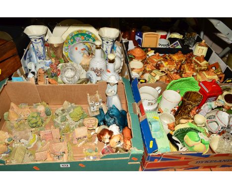 FOUR BOXES OF CERAMICS AND GLASSWARE to include Lilliput Lane 'Stocklebeck Mill', 'Harvest Home', 'Pear Tree House', 'The Cho