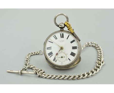 AN EARLY 20H CENTURY SILVER POCKET WATCH, WATCH KEY AND AN ALBERT CHAIN, the white dial with black Roman numeral hour markers