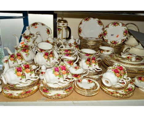 ROYAL ALBERT 'OLD COUNTRY ROSES' TEA/DINNERWARES, to include teapot, coffee pot, soup bowls, coffee perculator, cups, saucers