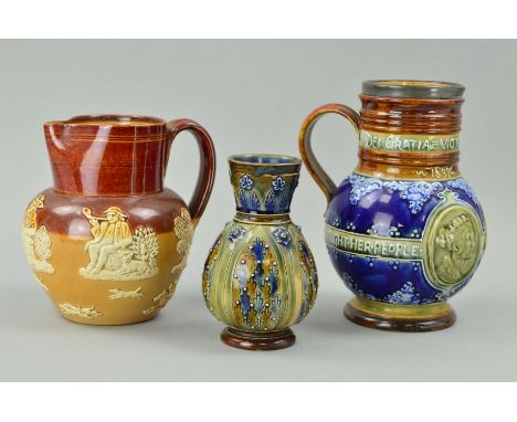 THREE DOULTON LAMBETH STONEWARE JUGS/VASE, to include a  Royal commemorative Queen Victoria Jubilee jug 1837-1897, approximat