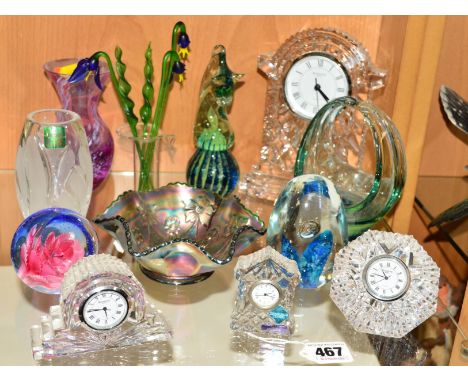 A GROUP OF GLASSWARES, to include Waterford Crystal timepieces, Edinburgh crystal timepiece, Waterford 'Marquis' vase, Mdina 