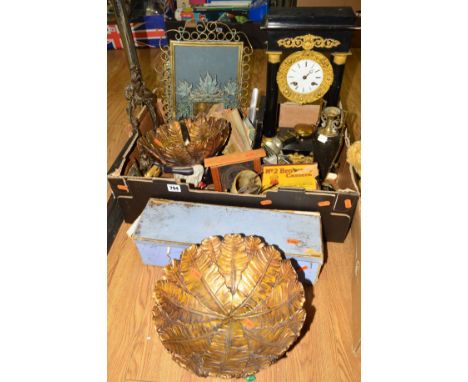 A BOX OF MISCELLANEOUS COLLECTABLES, 19TH CENTURY MANTLE CLOCK etc, to include two fans, photograph frames, dolls house acces