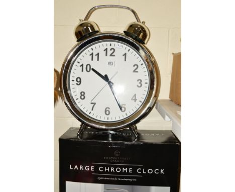 A BOXED CONTEMPORARY CHROME 'LARGE CLOCK' shaped as an alarm clock, height 57cm