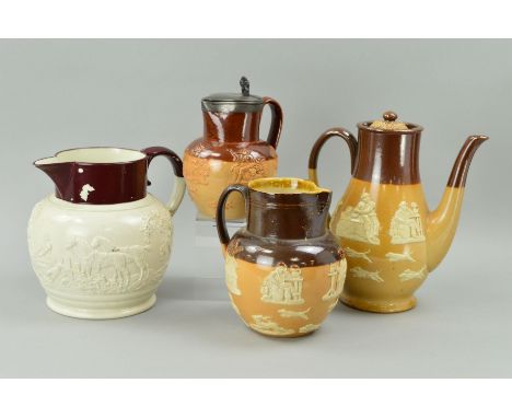 FOUR HUNTING SCENE SALT GLAZED JUGS/COFFEE POT, to include Doulton Lambeth covered jug, approximate height 14cm, a Royal Doul