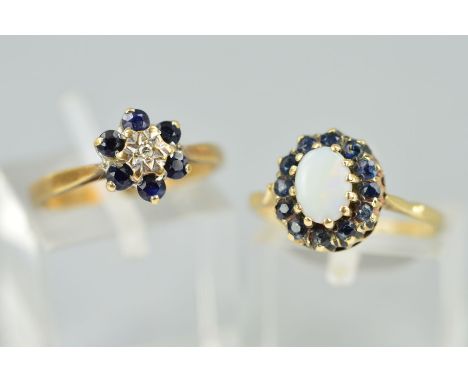 TWO 9CT GOLD GEM CLUSTER RINGS, the first designed as a central oval opal cabochon within a sapphire surround, ring size K 1/