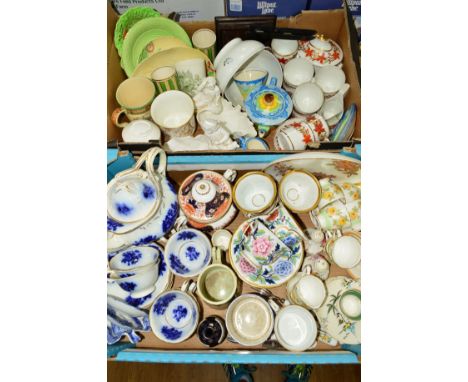 TWO BOXES OF CERAMICS to include early 19th century teawares, Royal Doulton Adams, Royal Doulton, Hancocks 'Ivory', Coalport,