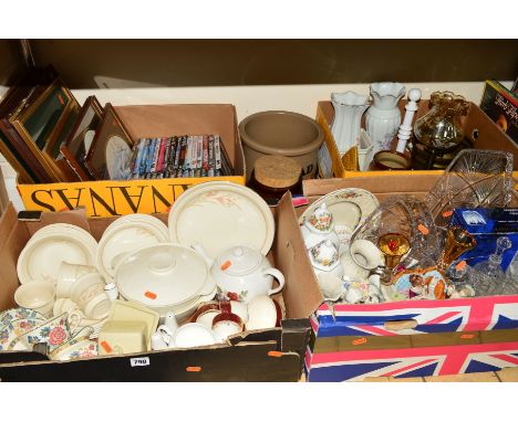FOUR BOXES OF GLASSWARE, TEA AND DINNER WARES, DVD'S AND ASSORTED PRINTS etc (4 boxes and loose)