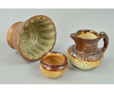 THREE PIECES OF SALTGLAZED STONEWARE, to include small hunting scene jug, approximate height 9cm, a small Royal Doulton pot, 