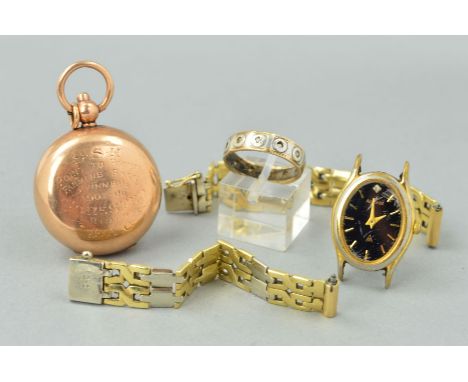 A WATCH HEAD, A WATCH STRAP, A RING AND A COIN HOLDER to include a gold plated lady's Accurist watch head, a fancy bracelet s