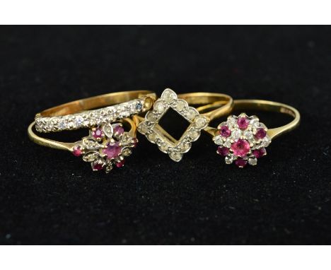 FOUR GEM SET DRESS RINGS comprising  two 9ct gold ruby and diamond cluster rings, a 9ct gold diamond half eternity ring and a