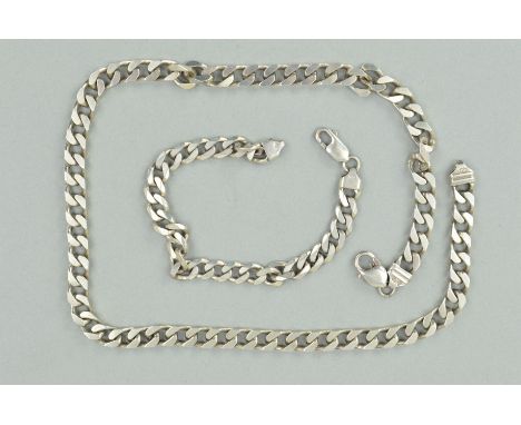 A SILVER CURB LINK CHAIN NECKLACE AND BRACELET, both with spring release clasps (necklace clasp a/f), both with foreign assay