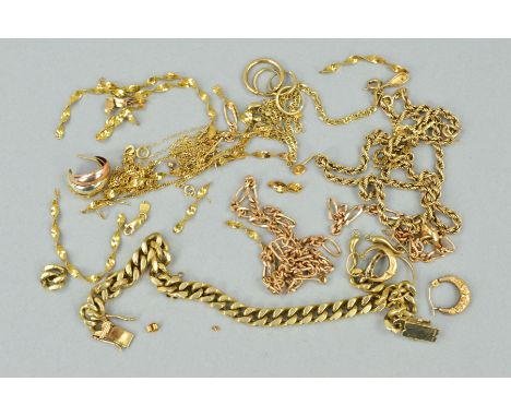 A SELECTION OF SINGLE EARRINGS AND BROKEN PIECES OF JEWELLERY to include mainly broken chain necklaces and bracelets and hoop