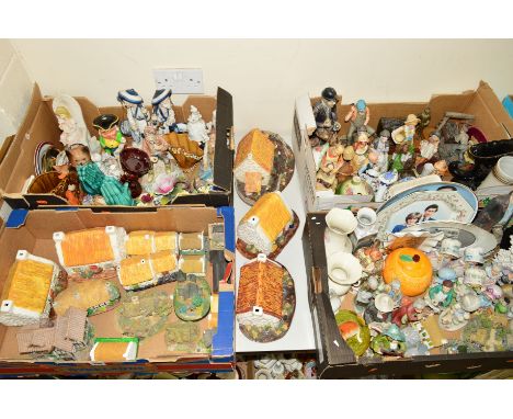 A QUANTITY OF CERAMIC MODEL BUILDINGS including Mullaghmeen pottery cottages, together with three boxes of assorted ornaments