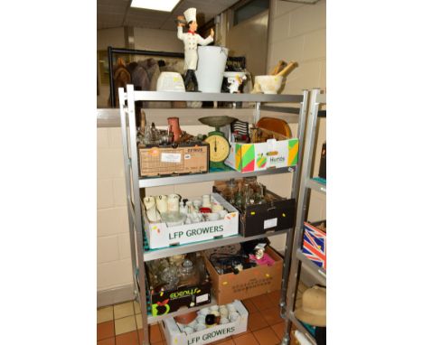 SEVEN BOXES KITCHEN RELATED ITEMS, GLASSWARE etc, to include Salters scales, labels, whisks, grinders, Grimwade's 'Quick Cook