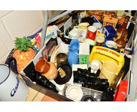 TWO BOXES AND LOOSE ADVERTISING/BREWERY ITEMS etc, to include 'Ansells' enamel jug, Dartmouth gurgle jug 'Plymouth Gin', Lanc