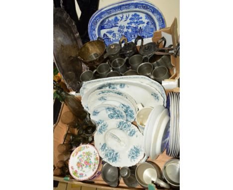 TWO BLUE AND WHITE WILLOW PATTERN MEAT PLATES, together with two boxes of pewter, ceramics and glassware (two boxes and loose