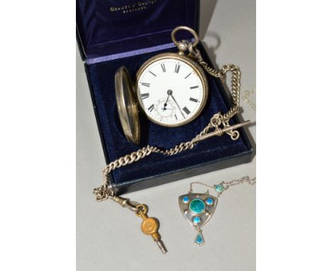 A SILVER POCKET WATCH on a T bar chain