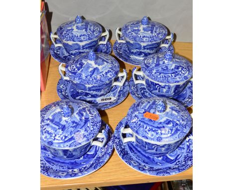 A SET OF SIX COPELAND 'SPODE'S ITALIAN' COVERED SOUP BOWLS AND SAUCERS (one with reglued handle)