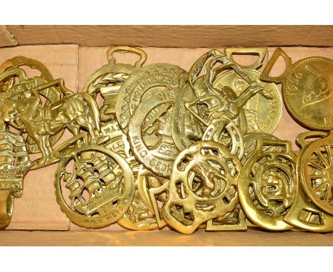 APPROXIMATELY TWENTY SIX 20TH CENTURY HORSE BRASSES including replicas and a brass coat hook