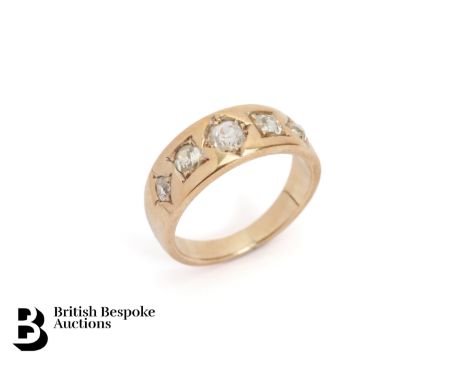 An 14/15ct yellow gold five stone diamond ring, set with 70 pts of old cut diamonds, size N, approx. 5.5gms.Condition ReportO