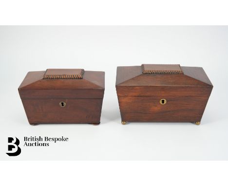Two Victorian mahogany sarcophagus tea caddy. The lid opens to reveal two compartments for green and black tea, on bun feet a