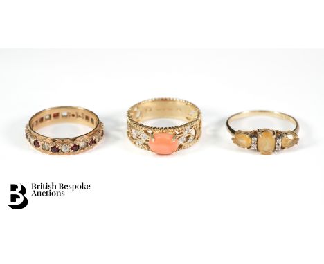 9ct yellow gold coral and diamond banded ring, size R; 9ct garnet and white stone eternity ring, size Q; 9ct citrine and diam