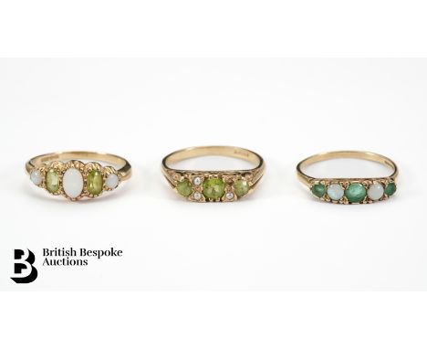 9ct peridot and opal ring, size R; 9ct peridot and opal ring, size R; peridot and pearl ring size R approx 7.3 gms.&nbsp;