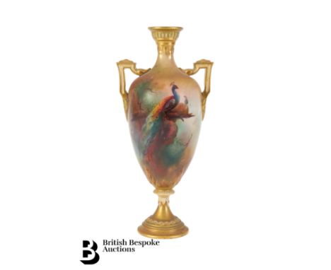 Royal Worcester twin-handled vase, painted with peacock, approx 18 cms h, with factory marks to base.&nbsp;