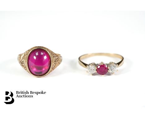 14ct yellow gold ruby and white stone ring, size R, 2.2 gms together with a 9ct gold cabochon red stone ring, size Q, 3.7 gms