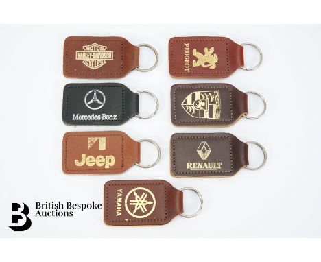 Collection of classic car leather keyfobs by Manhattan Windsor Motor Accessories of Birmingham, including Peugeot, Renault, J
