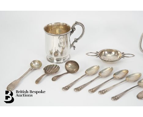 A Victorian silver christening mug, London hallmark dated 1872, approx 129.7 gms. This lot includes a selection of silver tea