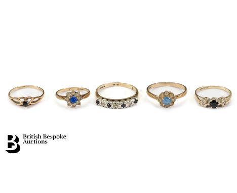 9ct gold sapphire and diamond ring, size O; 9ct gold sapphire and white stone ring, size G; 9ct sapphire and diamond ring, si