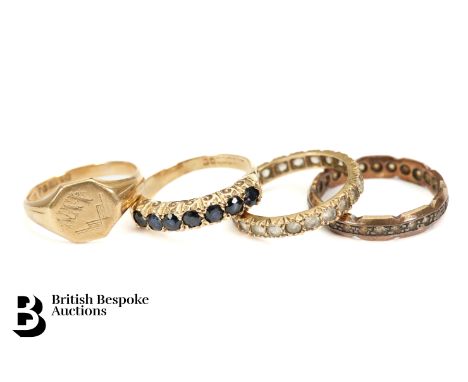 Gentleman's 9ct gold signet ring, size L, together with a 9ct sapphire ring set with seven stones, approx 2mm, plus two 9ct w