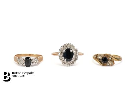 9ct sapphire and diamond ring, size K+. The ring set with an oval sapphire 6 x 4mm together with another sapphire and diamond