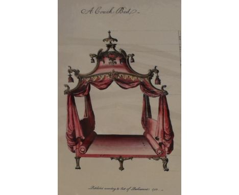 After Edward Rooker (1712-1774, British), hand-coloured restrike, Three Chippendale furniture illustrations, mounted, measuri